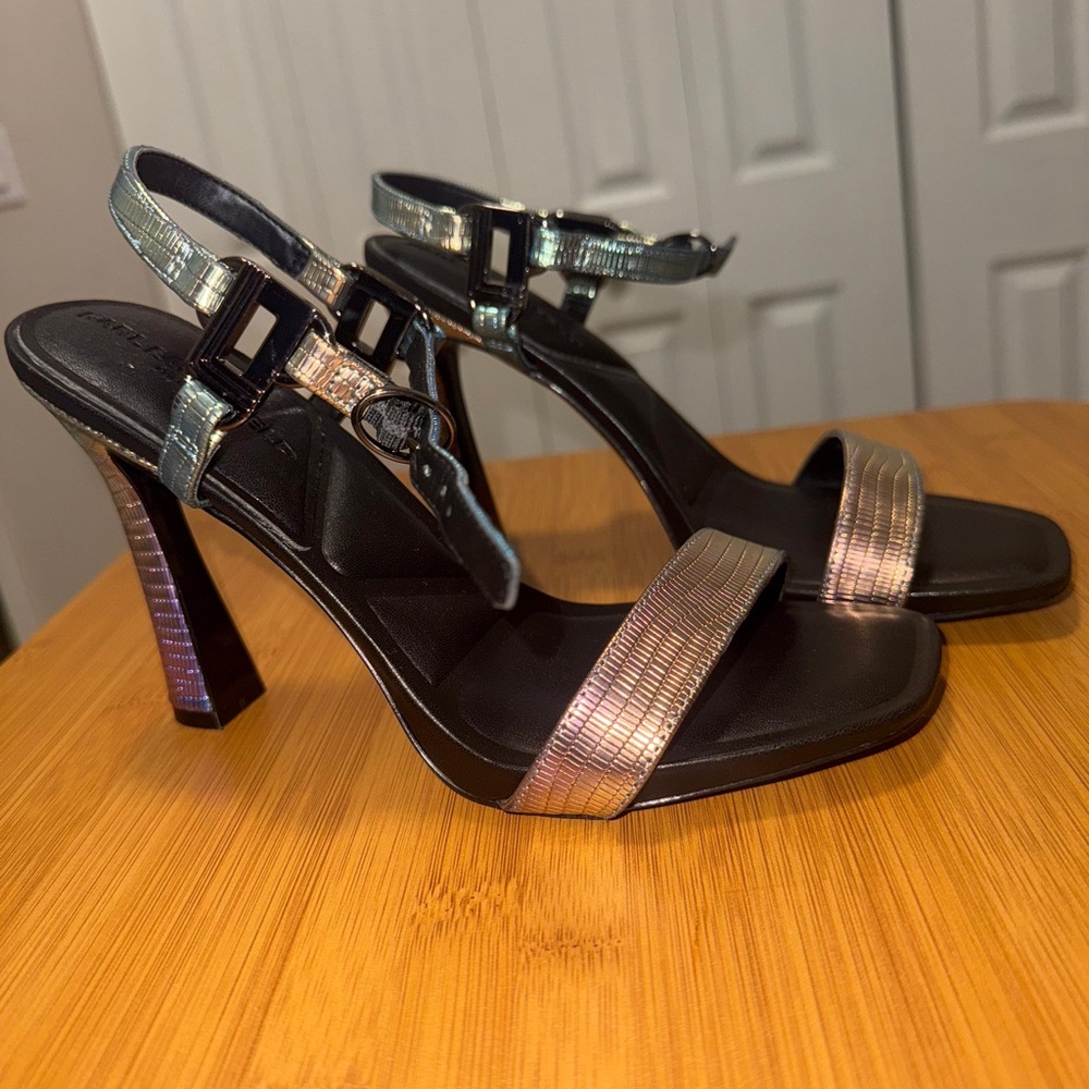Karl Lagerfeld Black and Silver Strappy Heels size 6 Women!